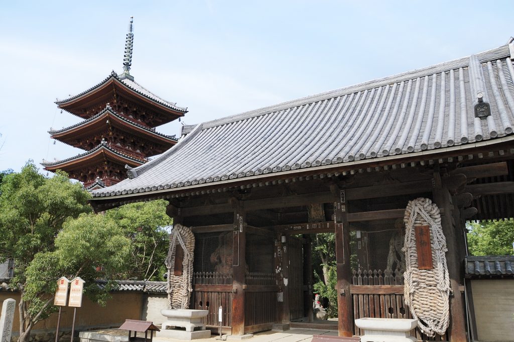 香川県にある四国遍路第８６番札所志度寺の仁王門と五重塔